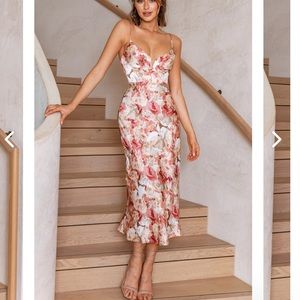 Selfie Leslie LAKE COMO CAMI STRAP MIDI DRESS ABSTRACT PRINT ROSE size L
